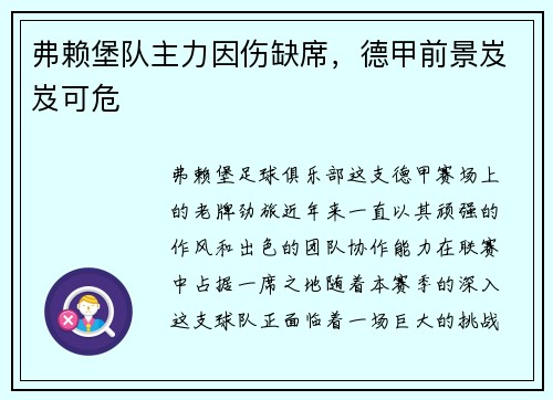 弗赖堡队主力因伤缺席，德甲前景岌岌可危